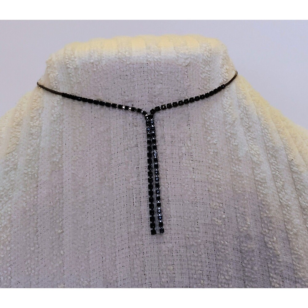 Black Rhinestone Gunmetal Y Drop Choker Necklace 13 in